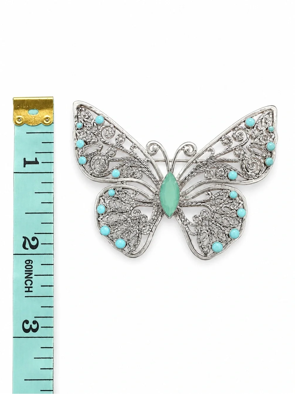Vintage Monet Butterfly Brooch Silver‎ Tone Filigree Blue Cabochon Accent